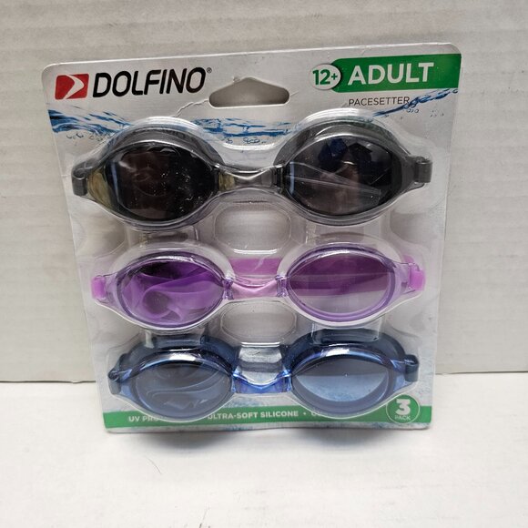 New in Package Dolfino 3 Pack Shark Adult Aqua Swim Goggles Black Blue Ages 12+ - Picture 1 of 11